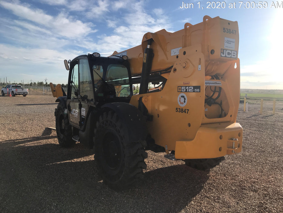 2019 JCB 512-56 Cab/Heat/Air, 109 HP, Solid Tires, STD Worklight, Beacon, Aux Hydraulics, Lifting Eye, Back up Alarm w/66" Carriage/60" Forks