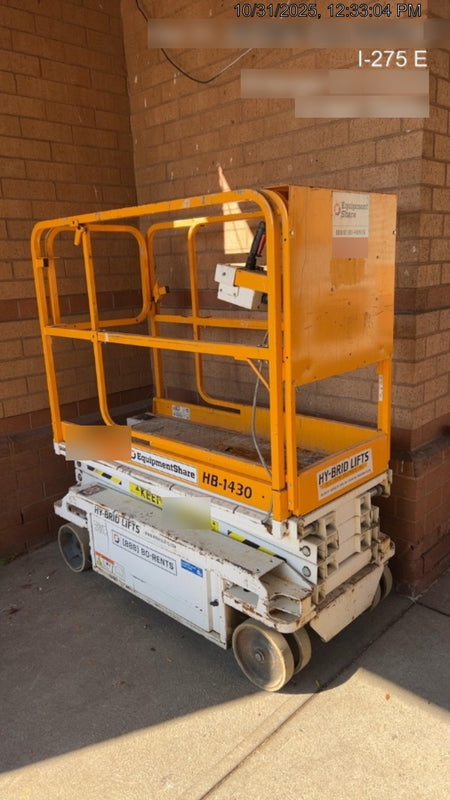 Custom Equipment HB-1430 Hy-Brid Scissor Lift
Platform capacity up to 670 lbs
Working height up to 20 ft
Weighs under 1,700 lbs
Non-marking wheels