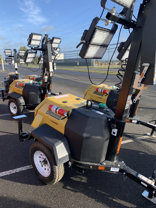 Allmand NLV3GR (4) LED Light Fixture 350W, 23' Vertical Mast, 3kW Prime, Towable, Deep Sea L401, Leveling Jacks, Yanmar T4F 5.8hp