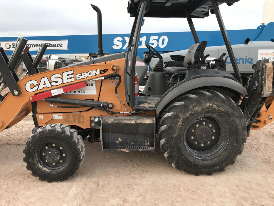 2019 Case 580N EP Canopy, 4WD, 1-Way Aux Hydraulics, Pilot Controls, Ride Control and Loader Aux Hydraulics, 900 LB. Front CWT, 82" HD LONG LIP (1 CU. YD.) W/BOCE AND LIFT EYES, FLIP OVER/STABILIZER PADS COMB