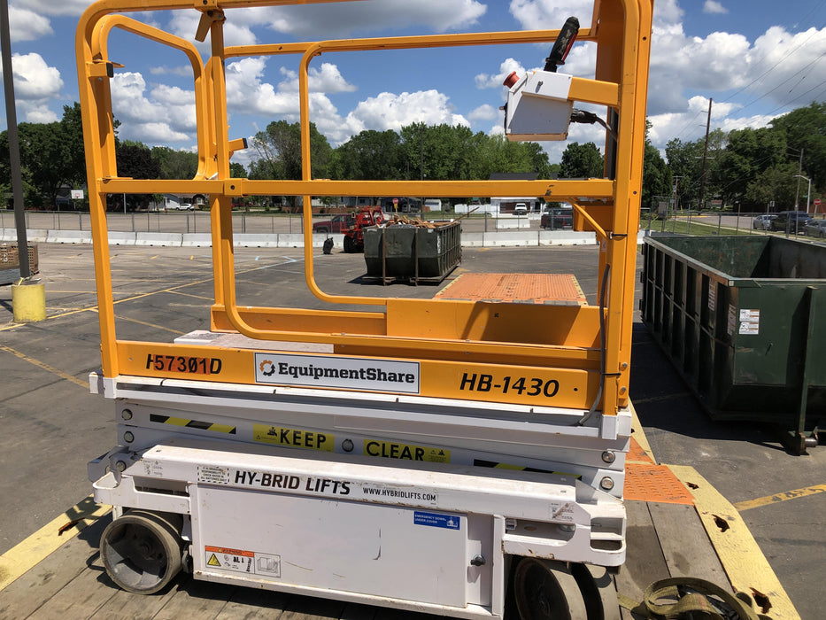 Custom Equipment HB-1430 Hy-Brid Scissor Lift
Platform capacity up to 670 lbs
Working height up to 20 ft
Weighs under 1,700 lbs
Non-marking wheels