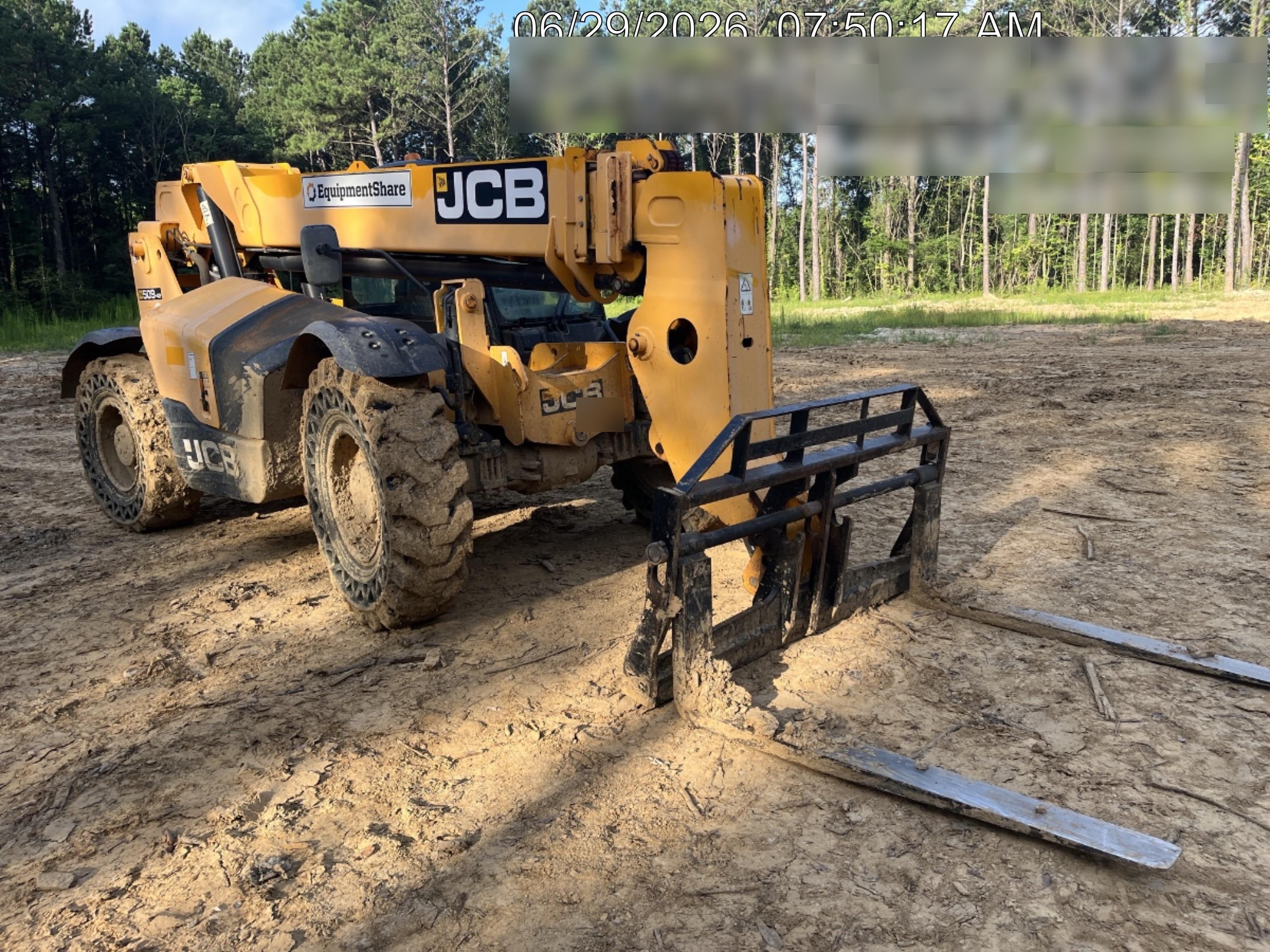 2019 JCB 509-42 Cab/Heat/Air, 74 HP, Solid Tires, STD Worklight, Beacon, Aux Hydraulics, Lifting Eye, Back up Alarm w/66" Carriage/60" Forks