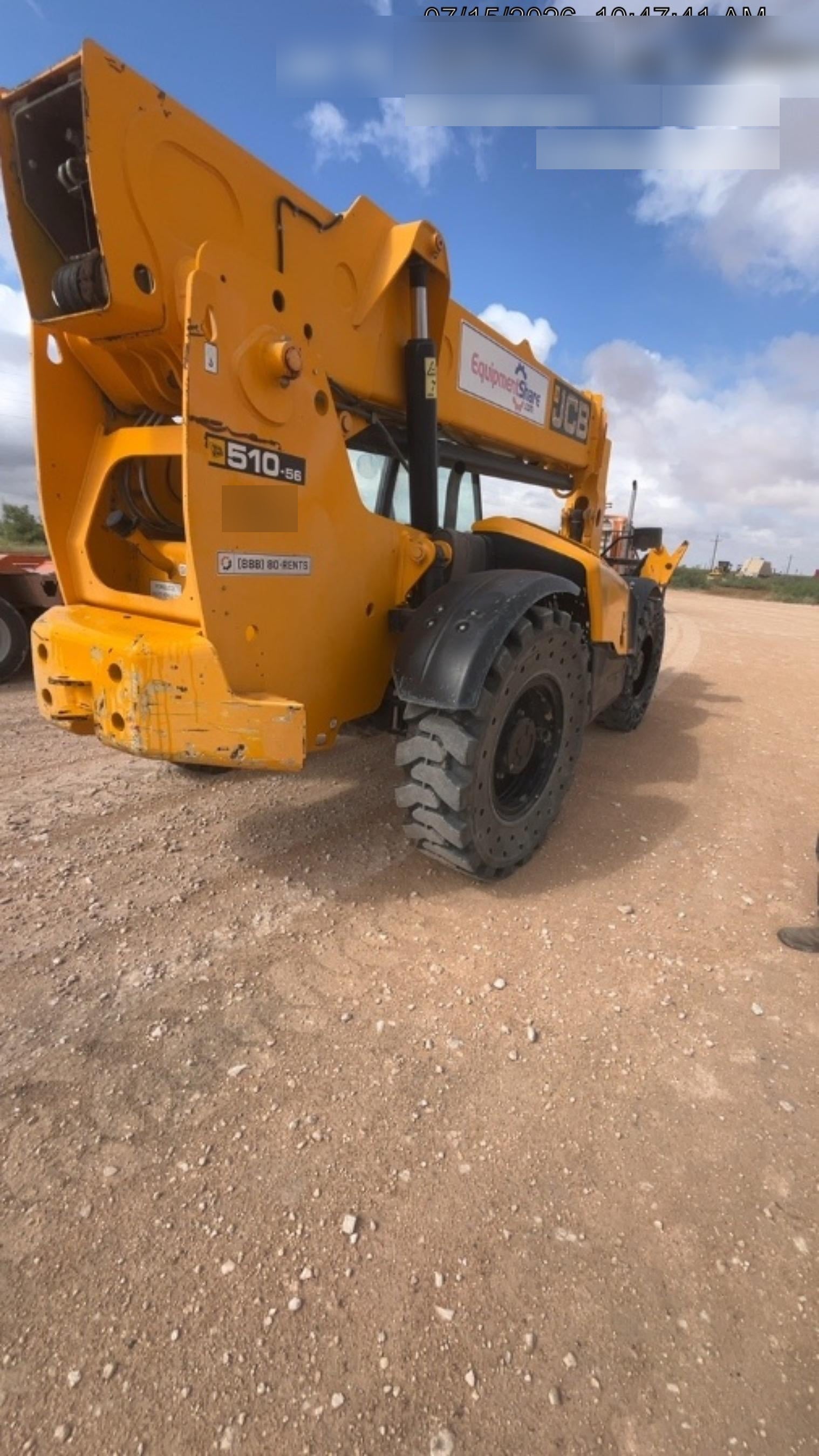 2019 JCB 510-56 74 HP w/Open ROPS, Beacon, Aux Hydraulics, Worklights, Solid Tires w/60" Carriage/Forks