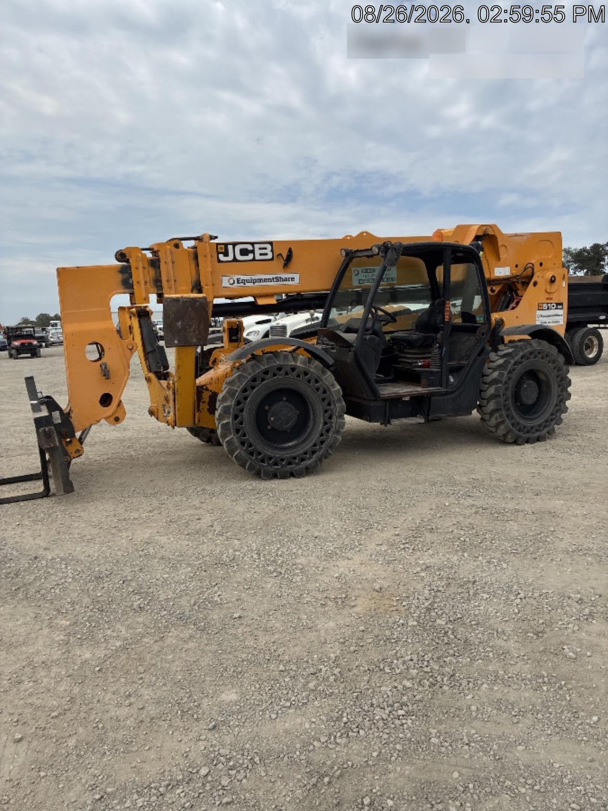 2019 JCB 510-56 Open ROPS, 74 HP, Solid Tires, Worklights, Beacon, Aux Hydraulics, Lifting Eye 66" Carriage/60" Forks