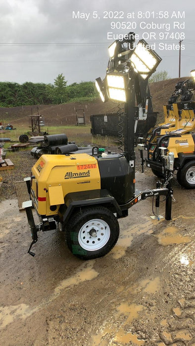 2021 Allmand NLV3GR (4) LED Light Fixture 350W, 23' Vertical Mast, 3kW Prime, Towable, Deep Sea L401, Leveling Jacks, Yanmar T4F 5.8hp