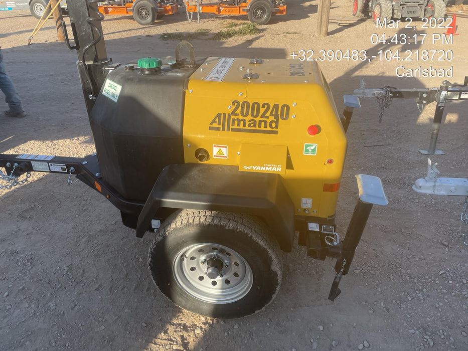 2022 Allmand NLV3GR (4) LED Light Fixture 350W, 23' Vertical Mast, 3kW Prime, Towable, Deep Sea L401, Leveling Jacks, Yanmar T4F 5.8hp