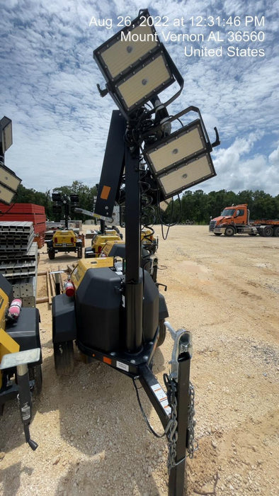 2022 Allmand NLV3GR (4) LED Light Fixture 350W, 23' Vertical Mast, 3kW Prime, Towable, Deep Sea L401, Leveling Jacks, Yanmar T4F 5.8hp