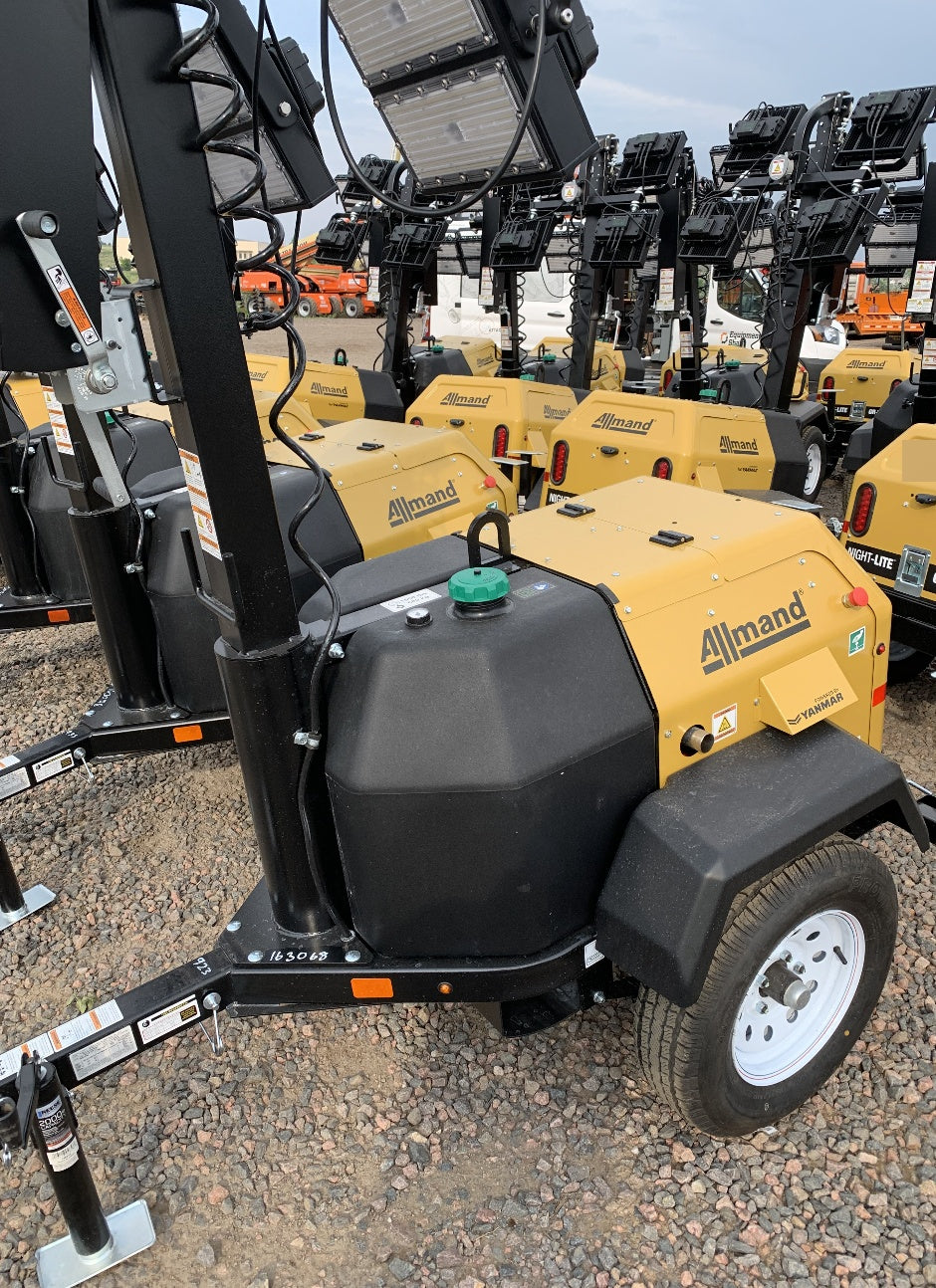 2021 Allmand NLV3GR (4) LED Light Fixture 350W, 23' Vertical Mast, 3kW Prime, Towable, Deep Sea L401, Leveling Jacks, Yanmar T4F 5.8hp