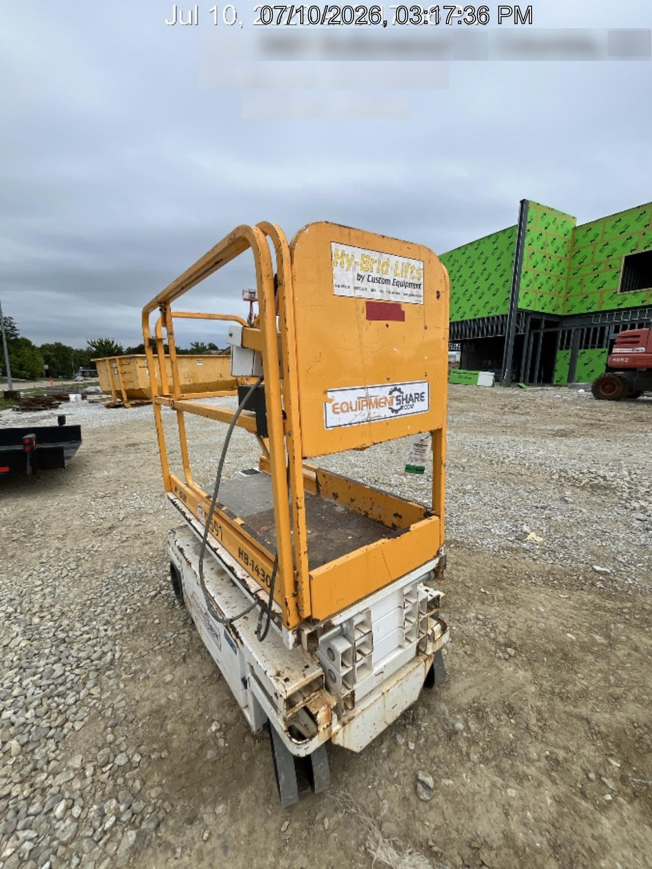 Custom Equipment HB-1430 Hy-Brid Scissor Lift
Platform capacity up to 670 lbs
Working height up to 20 ft
Weighs under 1,700 lbs
Non-marking wheels