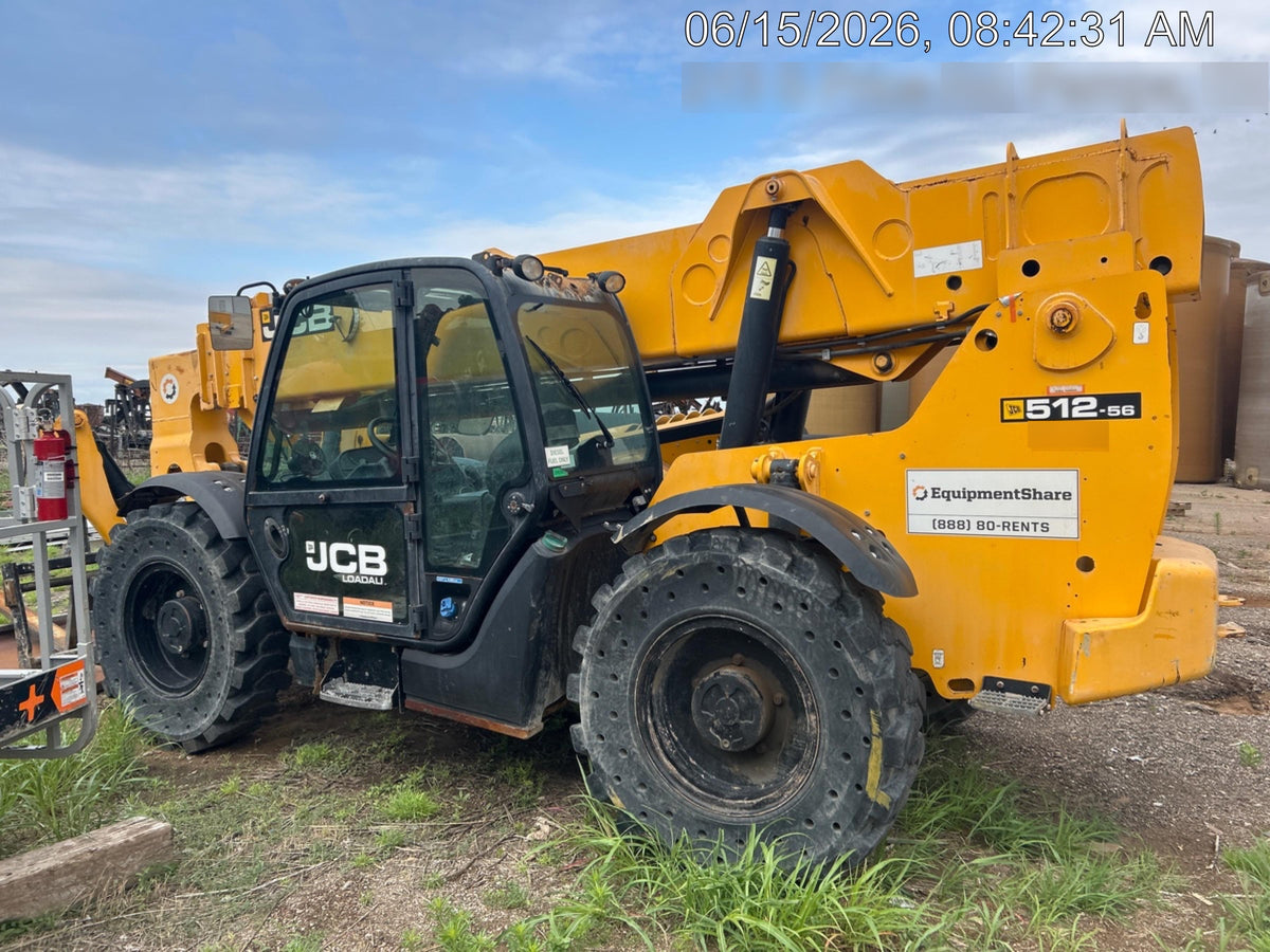 2019 JCB 512-56 Enclosed Cab, 109 HP, Solid Tires, Worklights, Beacon, Aux Hydraulics, Lifting Eye w/60" Carriage/60" Forks