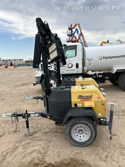 Allmand NLV3GR (4) LED Light Fixture 350W, 23' Vertical Mast, 3kW Prime, Towable, Deep Sea L401, Leveling Jacks, Yanmar T4F 5.8hp