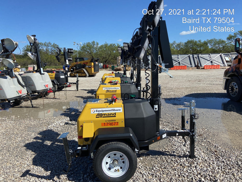 Allmand NLV3GR (4) LED Light Fixture 350W, 23' Vertical Mast, 3kW Prime, Towable, Deep Sea L401, Leveling Jacks, Yanmar T4F 5.8hp