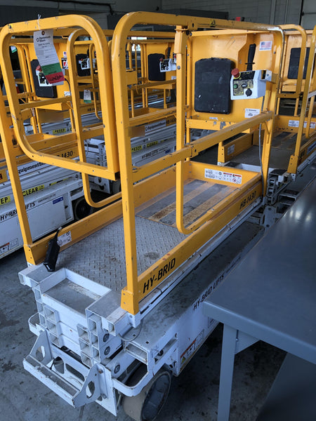 Custom Equipment HB-1430 <ul>
 <li>Hy-Brid Scissor Lift</li>
  <li>Platform capacity up to 670 lbs.</li>
  <li>Working height up to 20 ft</li>
  <li>Weighs under 1,700 lbs.</li>
  <li>Non-marking wheels </li>
</ul>