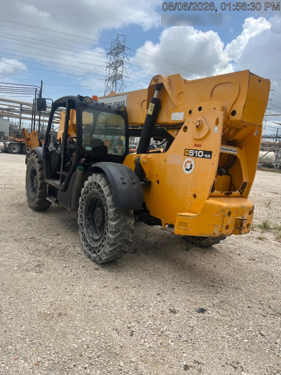 2019 JCB 510-56 Open ROPS, 74 HP, Solid Tires, Worklights, Beacon, Aux Hydraulics, Lifting Eye w/66" Carriage/60" Forks