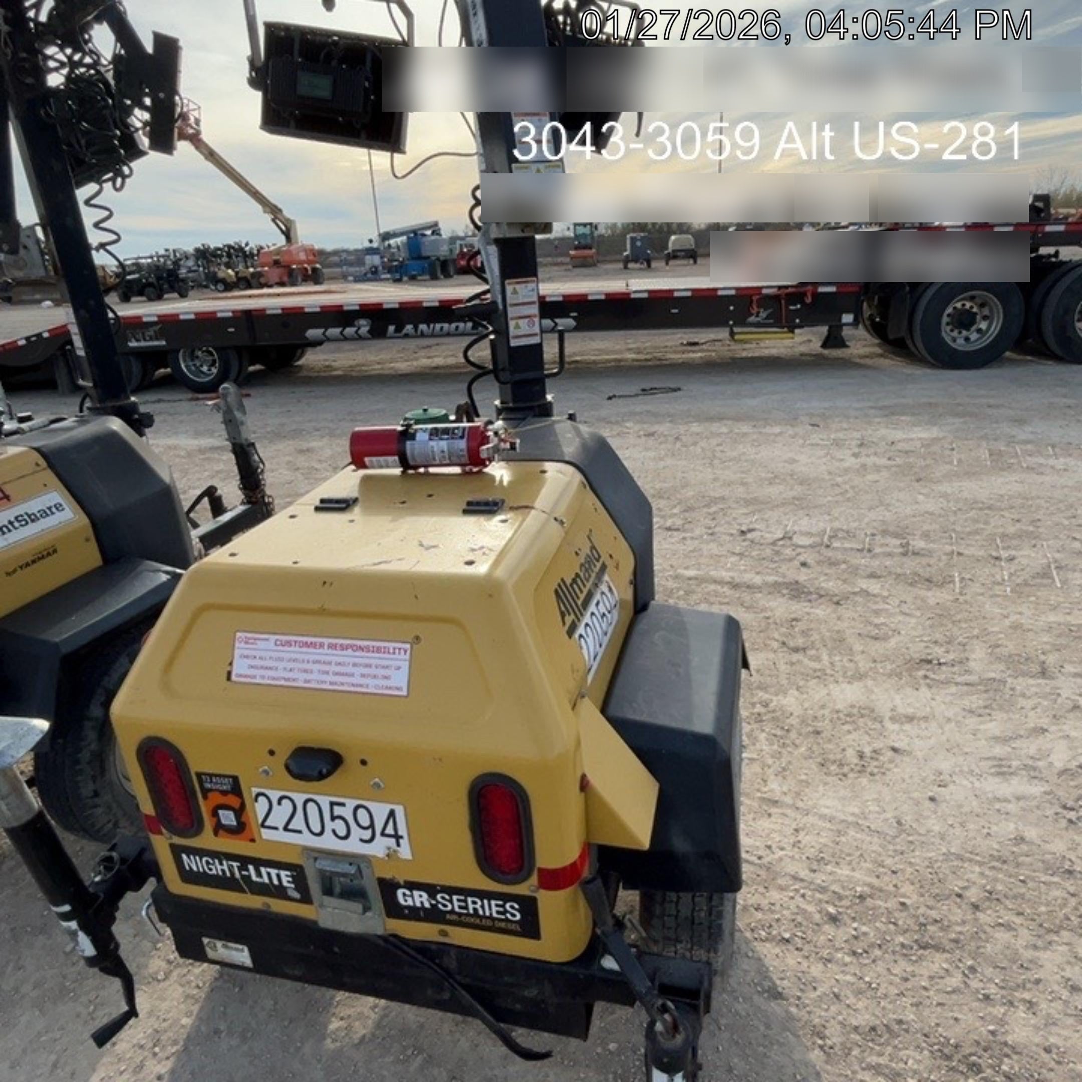2022 Allmand NLV3GR (4) LED Light Fixture 350W, 23' Vertical Mast, 3kW Prime, Towable, Deep Sea L401, Leveling Jacks, Yanmar T4F 5.8hp