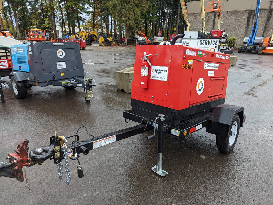 2022 Shindaiwa DGW400MDL Kubota D902 Engine, 23 HP, Dual Op Welder, Wire, Arc, Droop Stick, Tig, and CC Stick Functionality, Simulphase, 3 Phase and 1 Phase Gen Output, Single Axle NB Trlr, Slr Trckl Chrg 12V 12W, Fire Ext