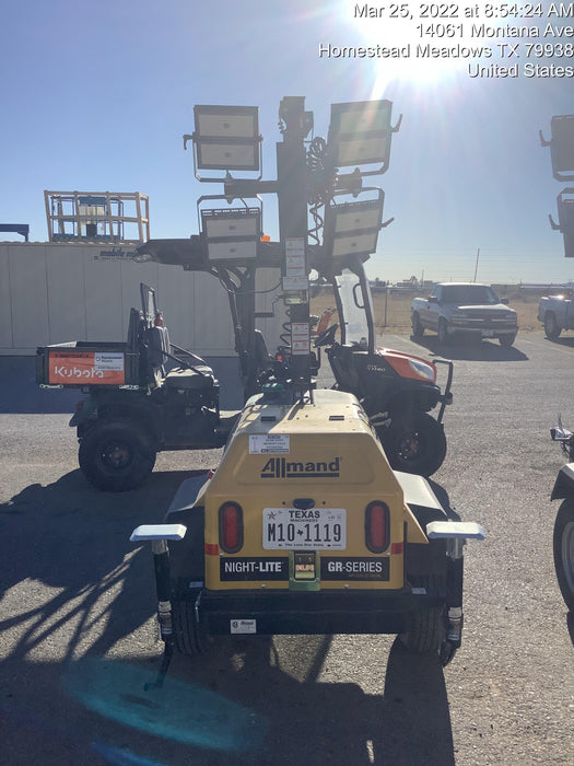 Allmand NLV3GR (4) LED Light Fixture 350W, 23' Vertical Mast, 3kW Prime, Towable, Deep Sea L401, Leveling Jacks, Yanmar T4F 5.8hp