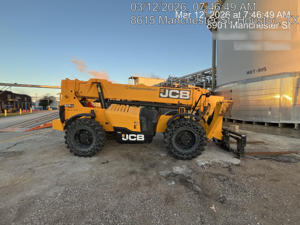 2019 JCB 510-56 Enclosed Cab, 74 HP, Solid Tires, Worklights, Beacon, Aux Hydraulics, Lifting Eye w/66" Carriage/60" Forks