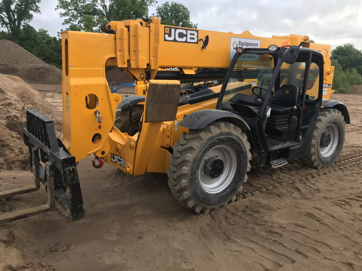 2019 JCB 510-56 74 HP w/Open ROPS, Beacon, Aux Hydraulics, Worklights, Solid Tires 60" Carriage/Forks