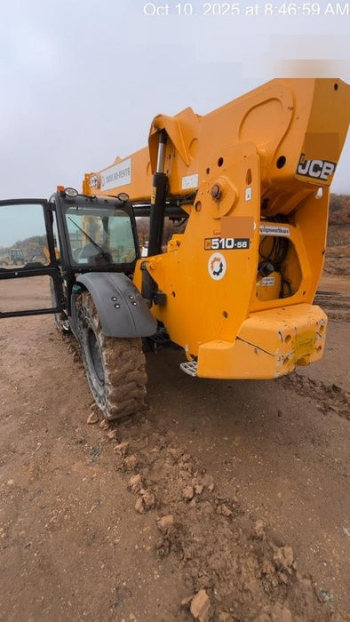 2020 JCB 510-56 Cab/Heat/Air, 74 HP, Solid Tires, STD Worklight, Beacon, Aux Hydraulics, Lifting Eye, Back up Alarm w/66" Carriage/60" Forks