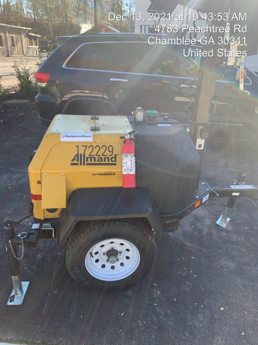 2021 Allmand NLV3GR (4) LED Light Fixture 350W, 23' Vertical Mast, 3kW Prime, Towable, Deep Sea L401, Leveling Jacks, Yanmar T4F 5.8hp