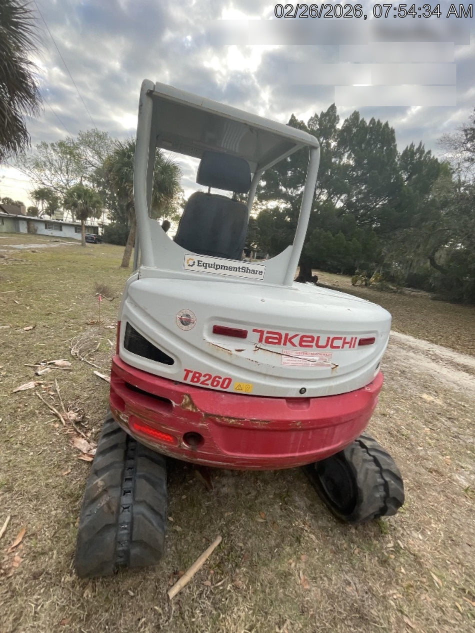 2019 Takeuchi TB260 Canopy, Standard Blade, Auxiliary hydraulics w/Manual QC, Hydraulic thumb, 12" ,18", 24" Bucket
