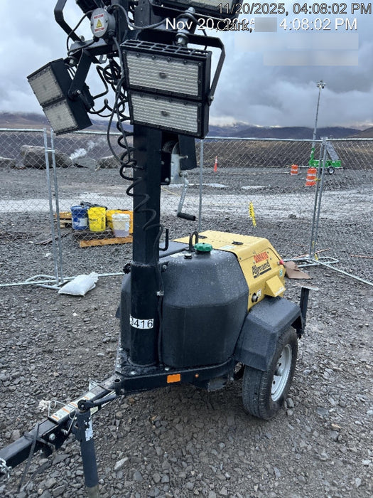 2022 Allmand NLV3GR (4) LED Light Fixture 350W, 23' Vertical Mast, 3kW Prime, Towable, Deep Sea L401, Leveling Jacks, Yanmar T4F 5.8hp