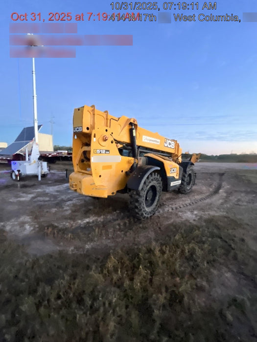 2019 JCB 512-56 74 HP w/CAB/HVAC, Beacon, Aux Hydraulics, Worklights, Solid Tires w/60" Carriage/Forks