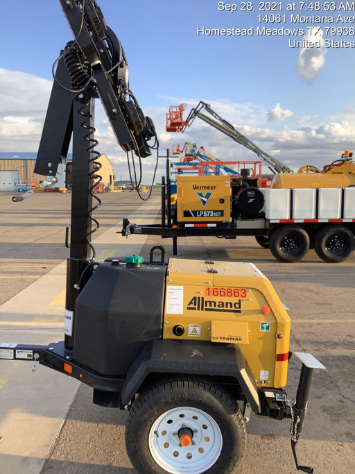 2021 Allmand NLV3GR (4) LED Light Fixture 350W, 23' Vertical Mast, 3kW Prime, Towable, Deep Sea L401, Leveling Jacks, Yanmar T4F 5.8hp