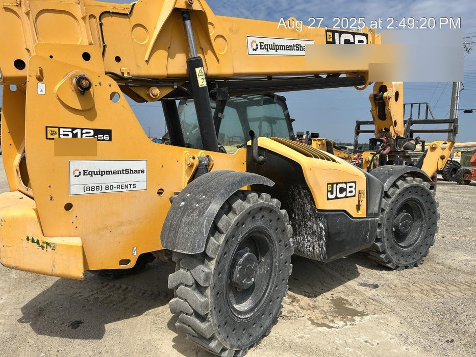 2019 JCB 512-56 Enclosed Cab, 109 HP, Solid Tires, Worklights, Beacon, Aux Hydraulics, Lifting Eye w/60" Carriage/60" Forks