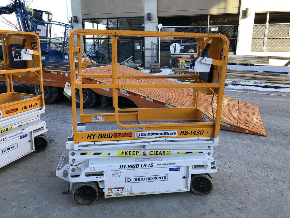 Custom Equipment HB-1430 Hy-Brid Scissor Lift
Platform capacity up to 670 lbs
Working height up to 20 ft
Weighs under 1,700 lbs
Non-marking wheels