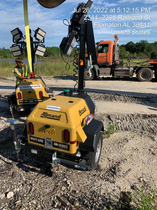 2022 Allmand NLV3GR (4) LED Light Fixture 350W, 23' Vertical Mast, 3kW Prime, Towable, Deep Sea L401, Leveling Jacks, Yanmar T4F 5.8hp