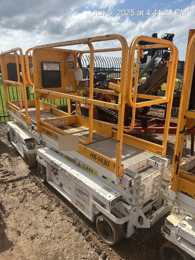 Custom Equipment HB-1430 <ul>
 <li>Hy-Brid Scissor Lift</li>
  <li>Platform capacity up to 670 lbs.</li>
  <li>Working height up to 20 ft</li>
  <li>Weighs under 1,700 lbs.</li>
  <li>Non-marking wheels </li>
</ul>