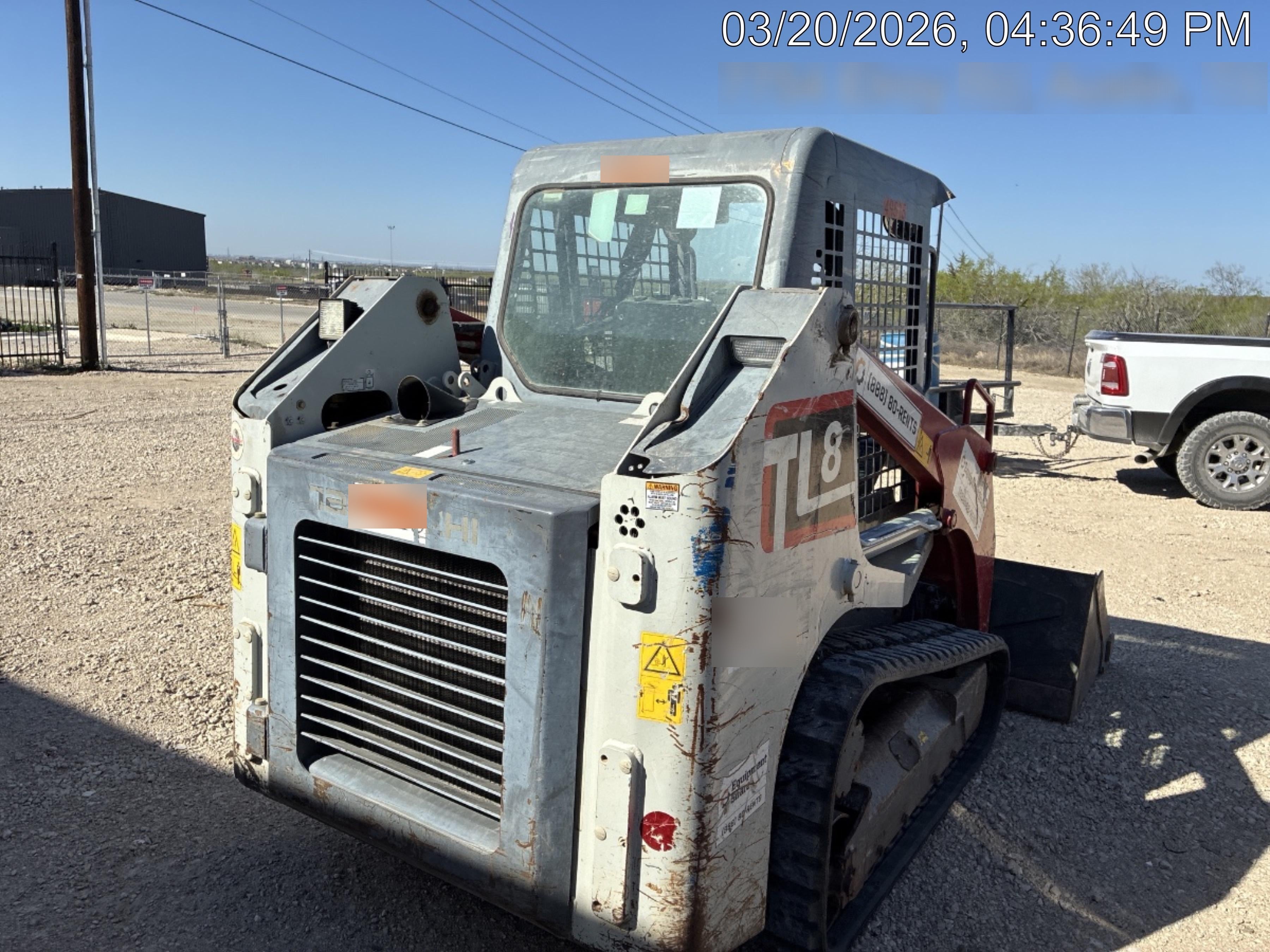 2019 Takeuchi TL8W Canopy, 15" Wide Rubber Tracks, Back-up Alarm, Front & Rear Working Lights, Auxiliary Hydraulics, Two-Speed Travel, Electronic Monitoring System w/76" HD Dirt Bucket with 8 Teeth, 20.3 cubic feet Capacity