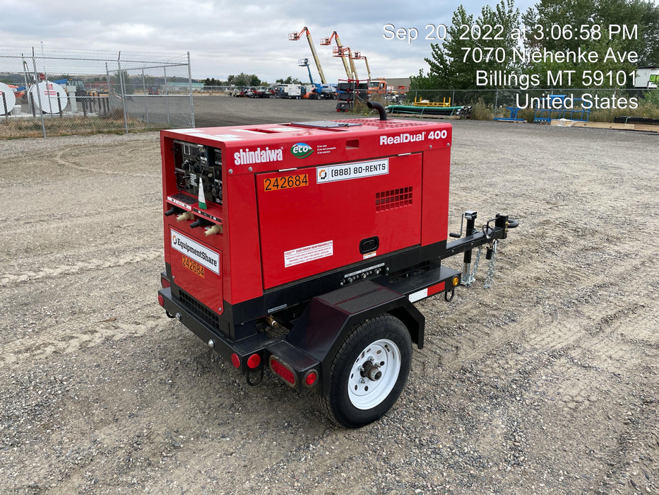 2022 Shindaiwa DGW400MDL Kubota D902 Engine, 23 HP, Dual Op Welder, Wire, Arc, Droop Stick, Tig, and CC Stick Functionality, Simulphase, 3 Phase and 1 Phase Gen Output, Single Axle NB Trlr, Slr Trckl Chrg 12V 12W, Fire Ext