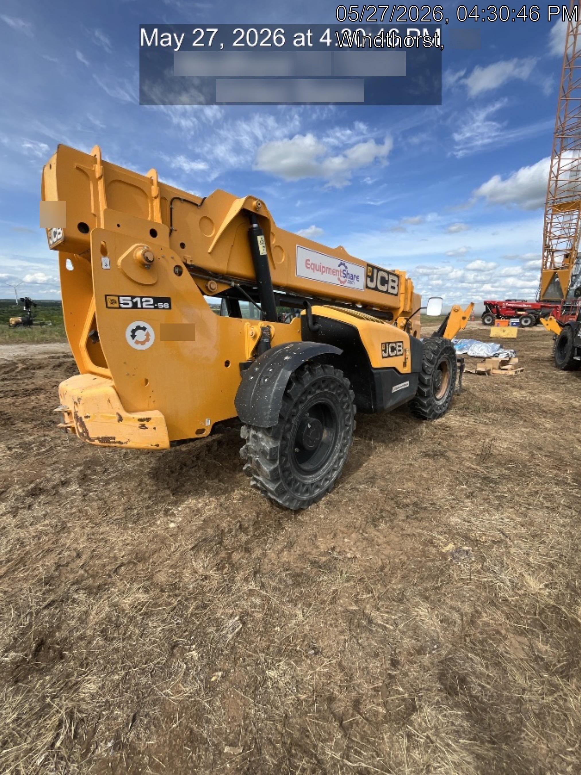 2019 JCB 512-56 109 HP w/Open ROPS, Beacon, Aux Hydraulics, Worklights, Solid Tires 60" Carriage/Forks