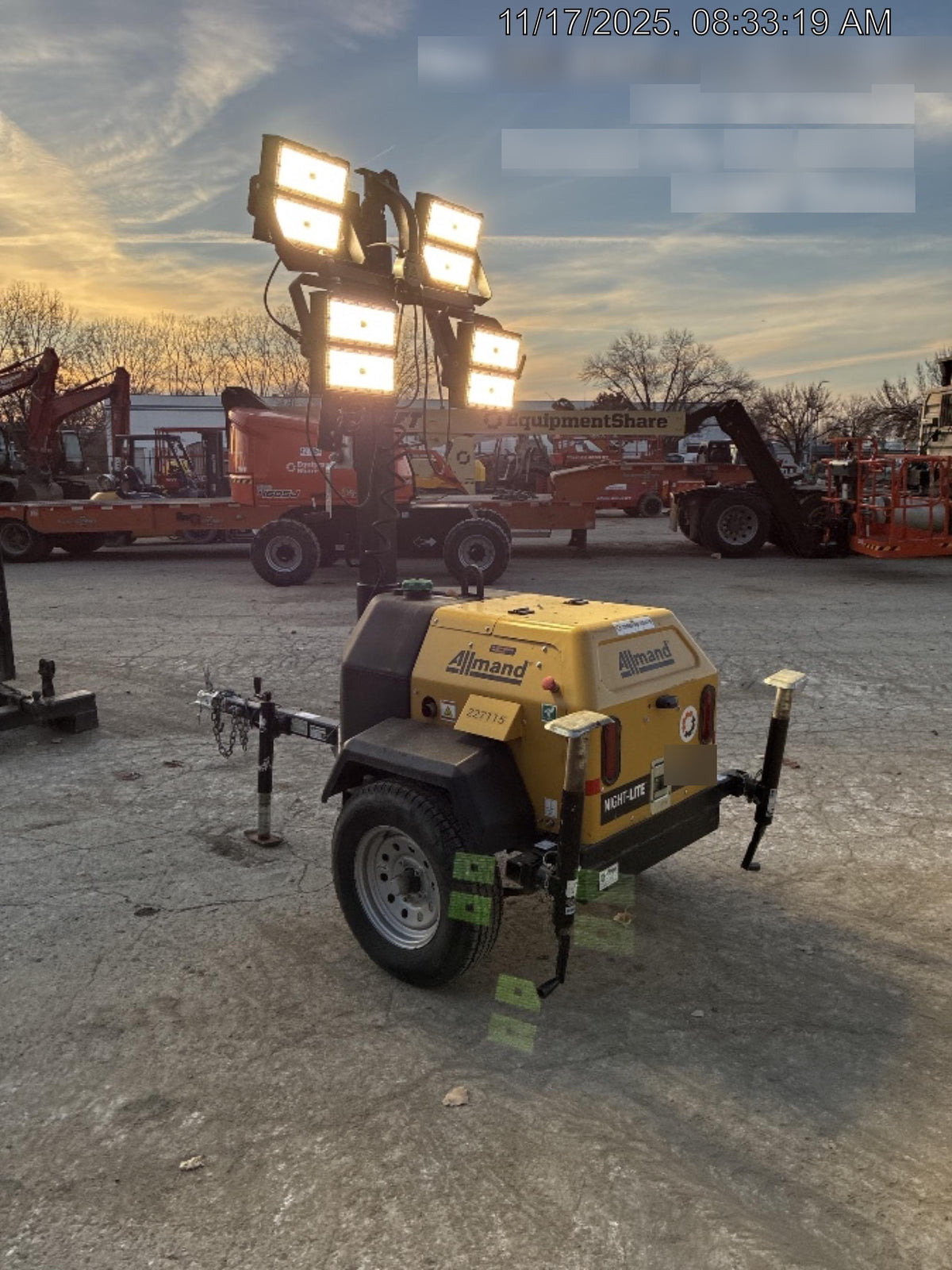 2022 Allmand NLV3GR (4) LED Light Fixture 350W, 23' Vertical Mast, 3kW Prime, Towable, Deep Sea L401, Leveling Jacks, Yanmar T4F 5.8hp