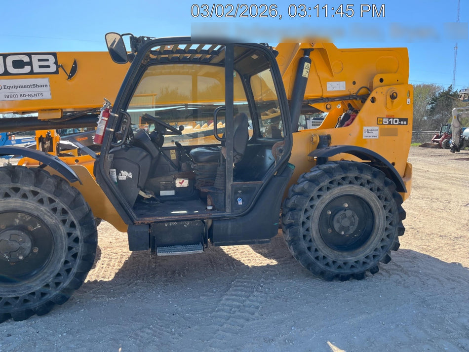 2019 JCB 510-56 Open ROPS, 74 HP, Solid Tires, Worklights, Beacon, Aux Hydraulics, Lifting Eye 72" Carriage/60" Forks