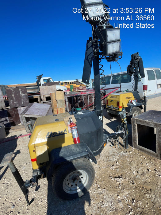 2022 Allmand NLV3GR (4) LED Light Fixture 350W, 23' Vertical Mast, 3kW Prime, Towable, Deep Sea L401, Leveling Jacks, Yanmar T4F 5.8hp