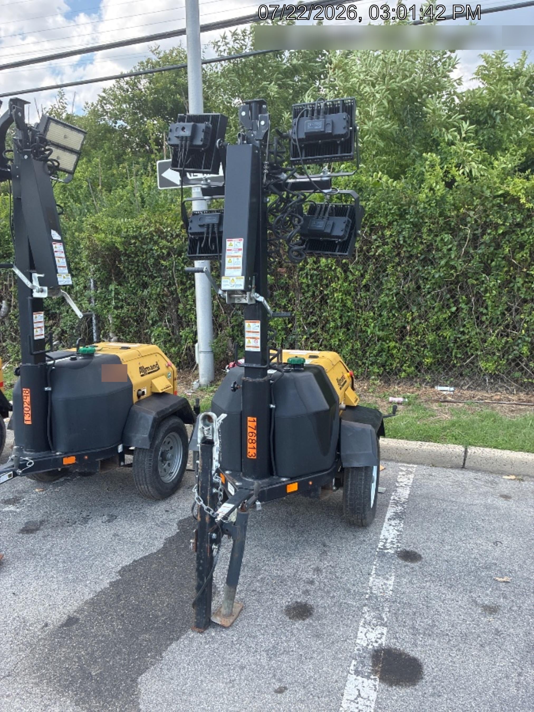Allmand NLV3GR (4) LED Light Fixture 350W, 23' Vertical Mast, 3kW Prime, Towable, Deep Sea L401, Leveling Jacks, Yanmar T4F 5.8hp