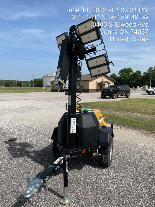 2022 Allmand NLV3GR (4) LED Light Fixture 350W, 23' Vertical Mast, 3kW Prime, Towable, Deep Sea L401, Leveling Jacks, Yanmar T4F 5.8hp
