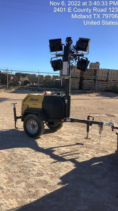 2022 Allmand NLV3GR (4) LED Light Fixture 350W, 23' Vertical Mast, 3kW Prime, Towable, ES Decals, T3