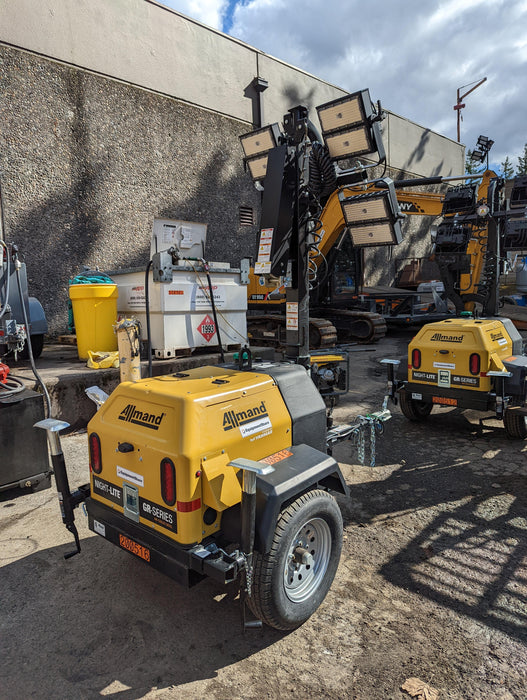 2022 Allmand NLV3GR (4) LED Light Fixture 350W, 23' Vertical Mast, 3kW Prime, Towable, Deep Sea L401, Leveling Jacks, Yanmar T4F 5.8hp