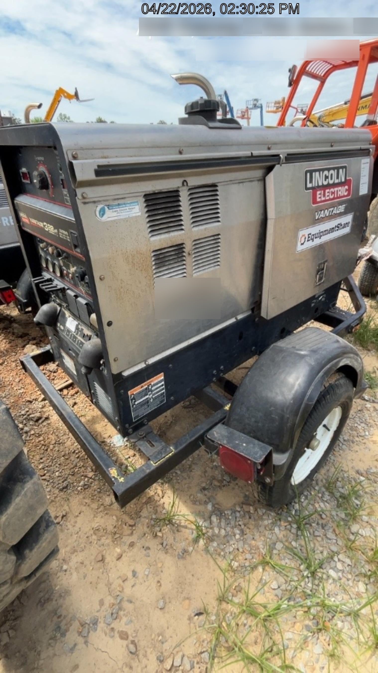 2019 Lincoln Electric Vantage 322 Welder Ready-Pak 3, Two wheel trailer, Fender and Light kit, Cable Rack