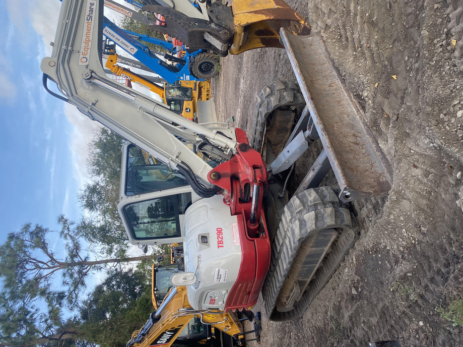 2019 Takeuchi TB290 Cab, AC, Rubber Tracks, Dozer Blade, Travel Alarm, Control Pattern Change Valve, Auxiliary Hydraulics w/18" Quick Coupler Bucket with teeth, 6.2 cu. ft. capacity/24" Quick Coupler Bucket with teeth, 8.6 cu. ft. capacity/36" Quick Coupler Bucket with teeth, 13.4 cu. ft. capacity, Quick Coupler, Hydraulic Thumb Installed