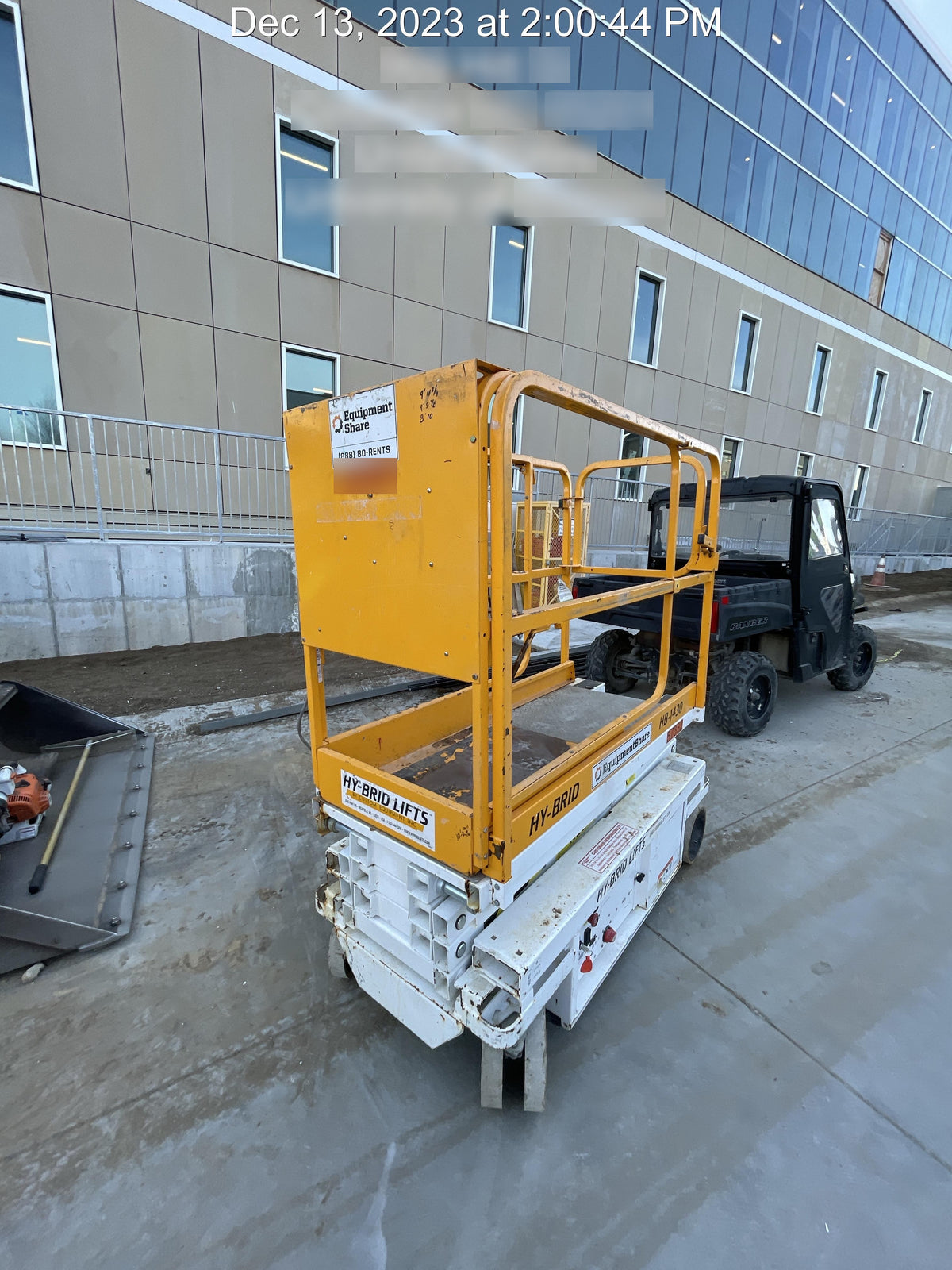 Custom Equipment HB-1430 <ul>
 <li>Hy-Brid Scissor Lift</li>
  <li>Platform capacity up to 670 lbs.</li>
  <li>Working height up to 20 ft</li>
  <li>Weighs under 1,700 lbs.</li>
  <li>Non-marking wheels </li>
</ul>