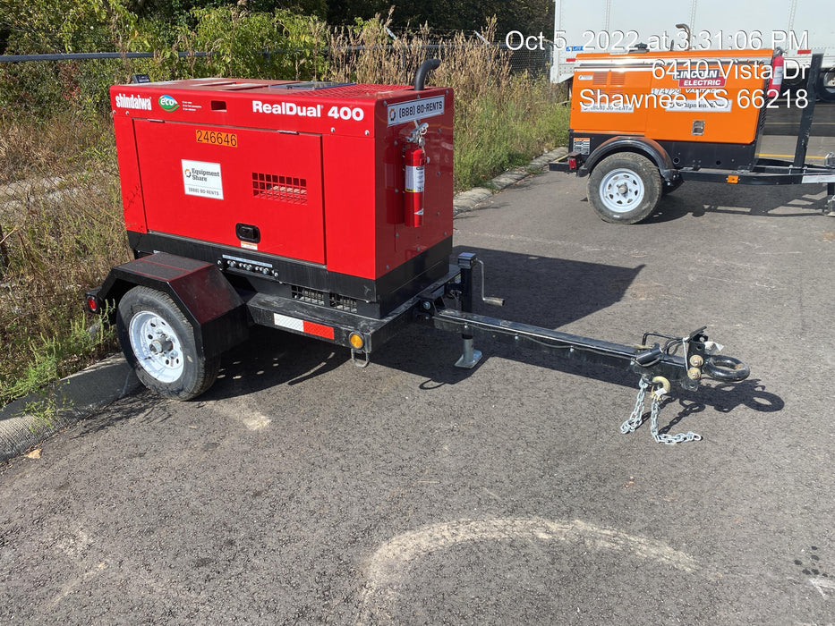 2022 Shindaiwa DGW400MDL Kubota D902 Engine, 23 HP, Dual Op Welder, Wire, Arc, Droop Stick, Tig, and CC Stick Functionality, Simulphase, 3 Phase and 1 Phase Gen Output, Single Axle NB Trlr, Slr Trckl Chrg 12V 12W, Fire Ext