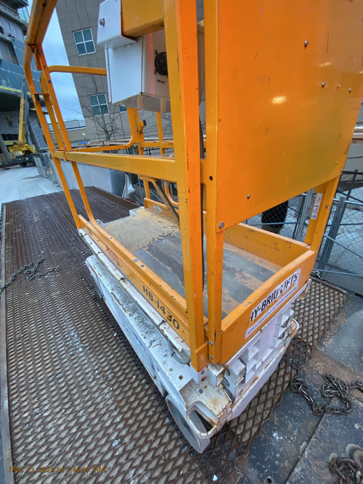 Custom Equipment HB-1430 <ul>
 <li>Hy-Brid Scissor Lift</li>
  <li>Platform capacity up to 670 lbs.</li>
  <li>Working height up to 20 ft</li>
  <li>Weighs under 1,700 lbs.</li>
  <li>Non-marking wheels </li>
</ul>