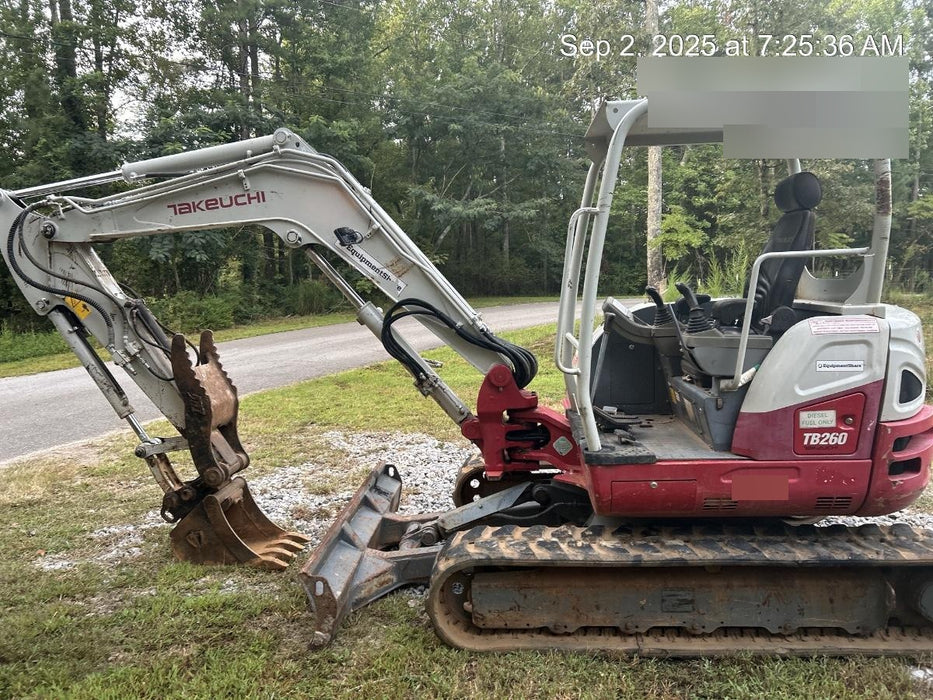 2019 Takeuchi TB260 Canopy, Standard Blade, Auxiliary hydraulics Manual QC, Hydraulic thumb, 12" ,18", 24" Bucket