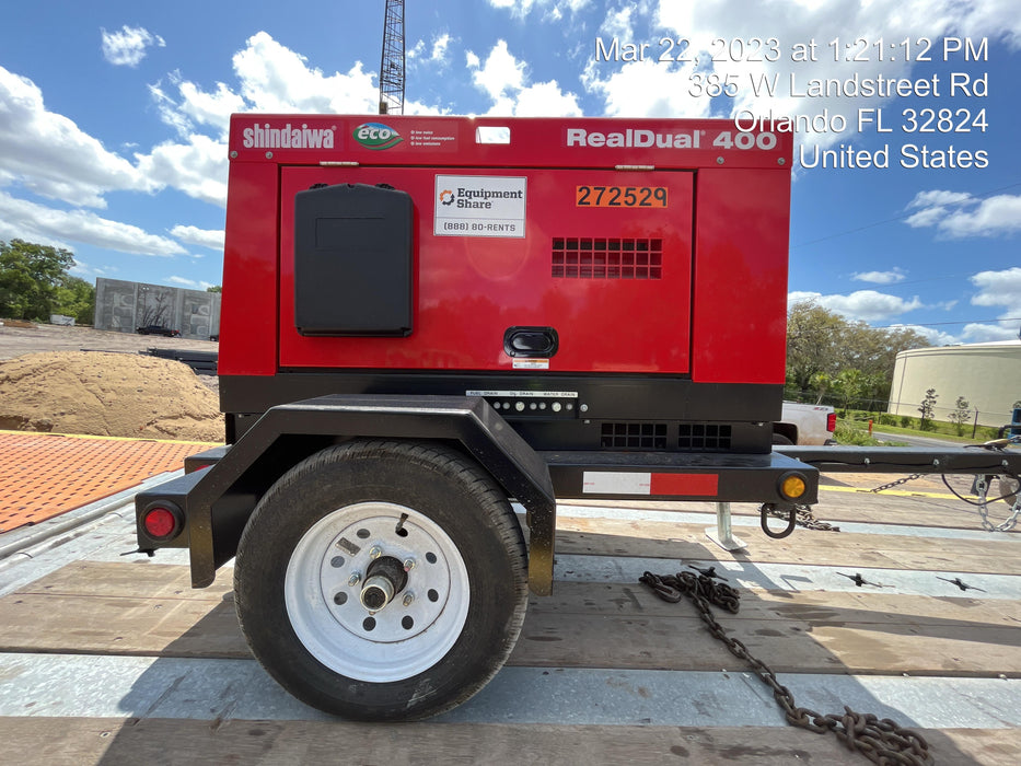 2022 Shindaiwa DGW400MDL Kubota D902 Engine, 23 HP, Dual Op Welder, Wire, Arc, Droop Stick, Tig, and CC Stick Functionality, Simulphase, 3 Phase and 1 Phase Gen Output, Single Axle NB Trlr, Slr Trckl Chrg 12V 12W, Fire Ext